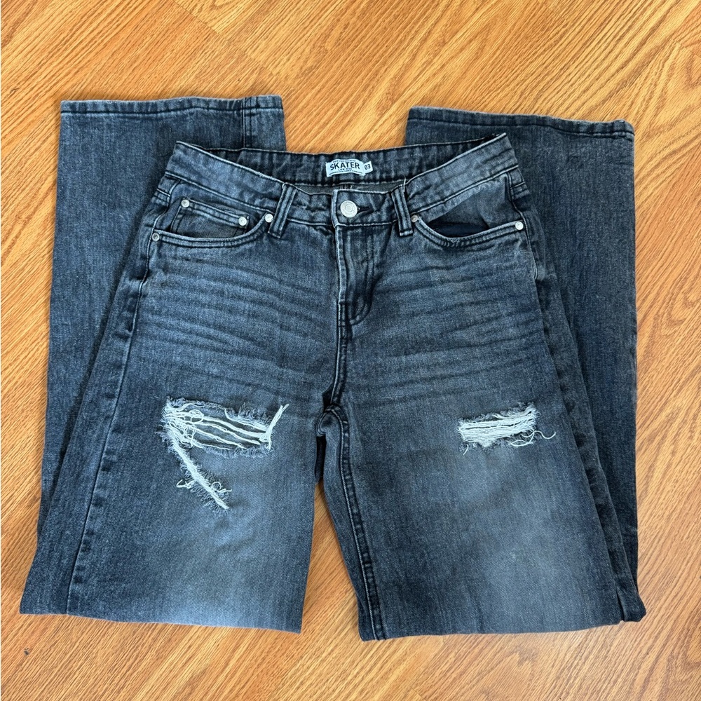 Refuge Skater Dark Gray Distressed Low Rise Wide Leg Jeans